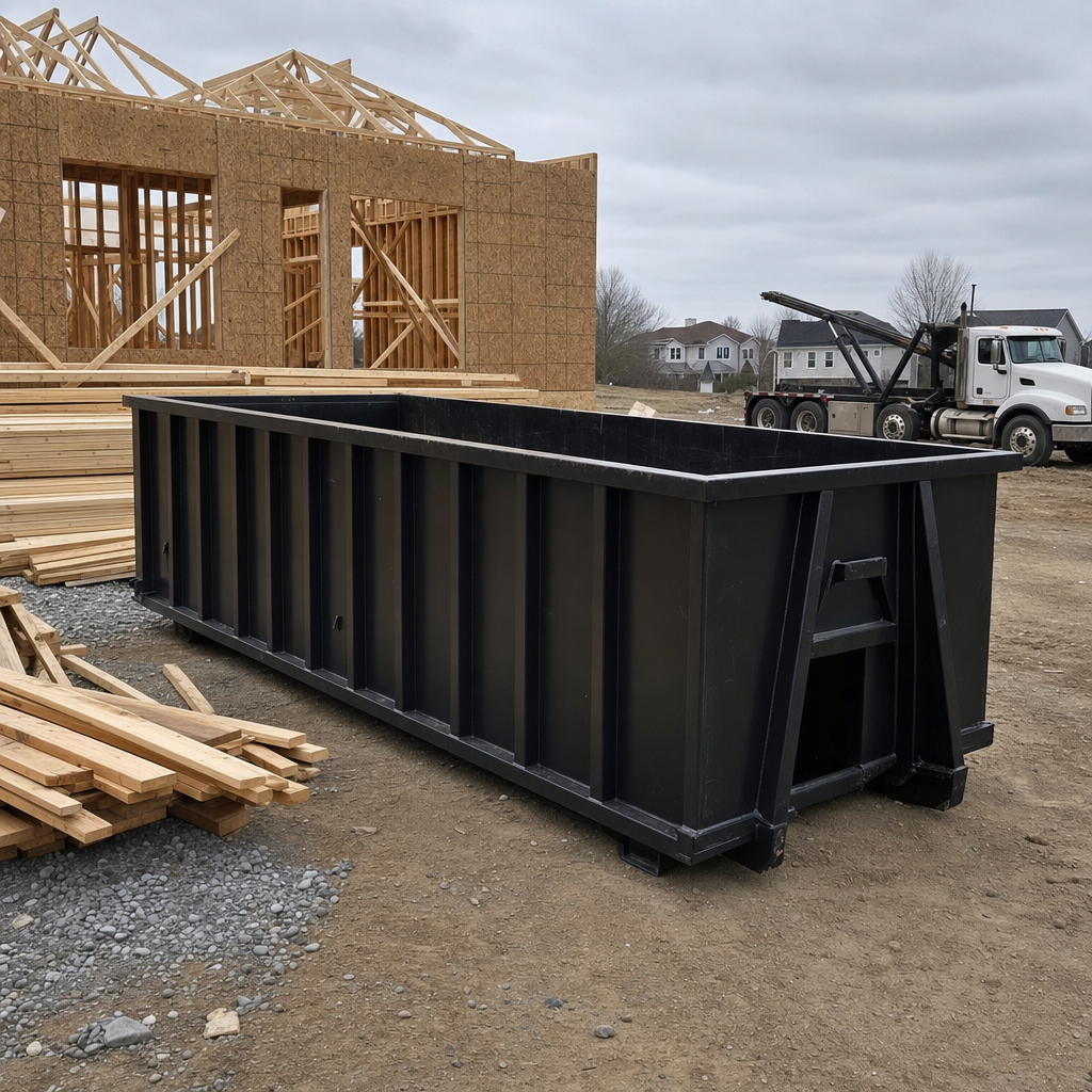 Matte-black 40-yard roll-off dumpster staged on a framed-out residential construction site in Sterling Heights, framing lumber stacked nearby, hooklift delivery truck visible in the background under bright Colorado daylight