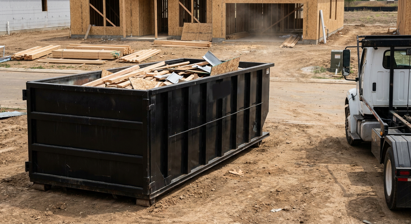 Matte-black 20-yard roll-off construction dumpster with heavy ribbed steel sidewalls and swing rear doors at a working jobsite in Sterling Heights, sitting directly on compacted dirt with an unmarked white hauler partially visible at the far edge of the frame.
