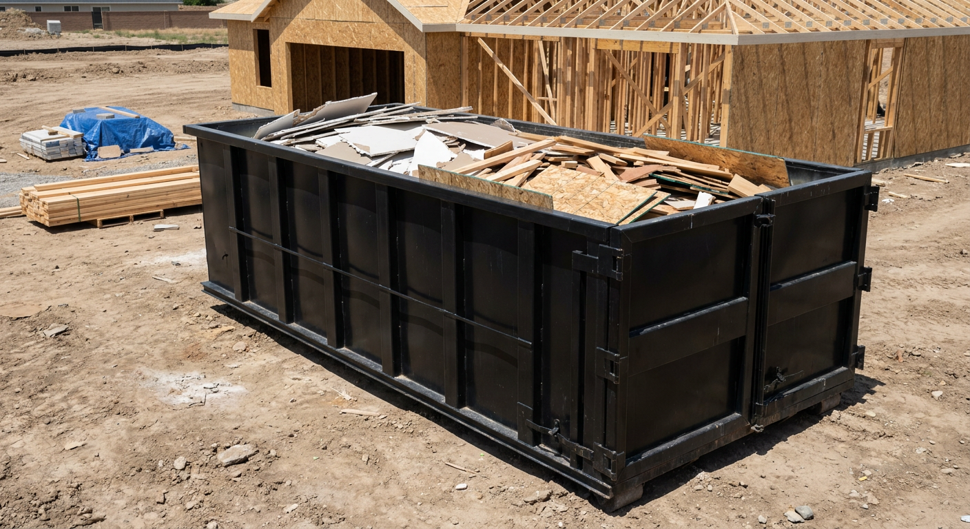 Matte-black 30-yard roll-off construction dumpster sitting directly on the compacted-dirt site of a framed single-family home build in Sterling Heights, drywall and lumber scrap loaded inside.