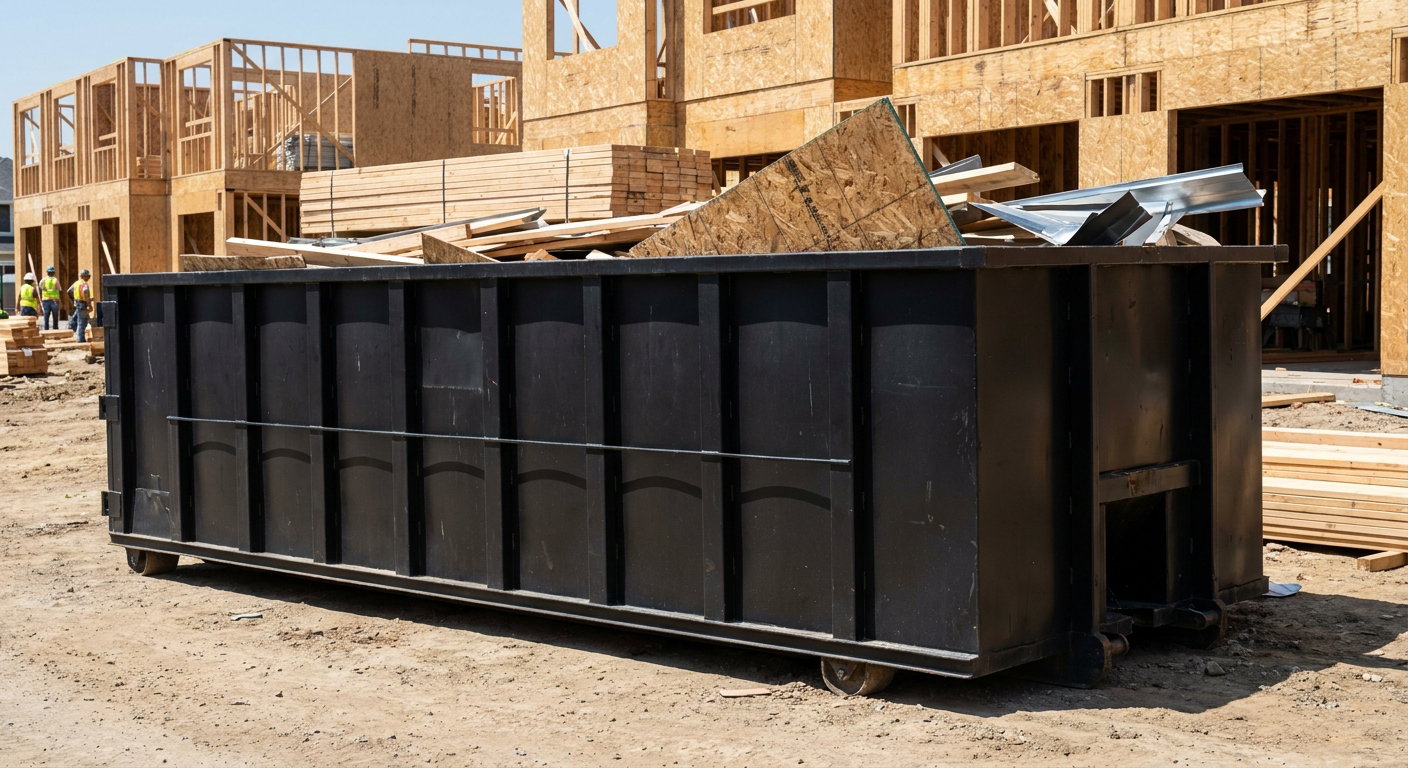 Matte-black 40-yard roll-off construction dumpster being lowered from a white-cab hooklift delivery truck onto the compacted-dirt jobsite at a commercial build site in Sterling Heights