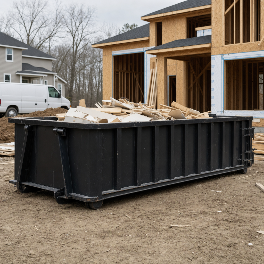 Worker in a yellow high-visibility vest tossing framing lumber and broken drywall into a matte-black 30-yard construction roll-off dumpster on an active build site in Sterling Heights, bright daylight