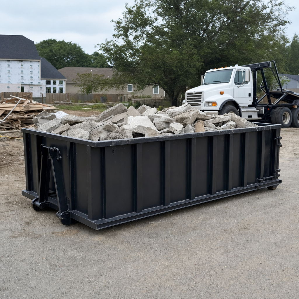 Low-profile matte-black lowboy roll-off dumpster loaded with broken concrete slab and rebar at a foundation tear-out in Sterling Heights, skid steer parked beside it, sunny Colorado morning