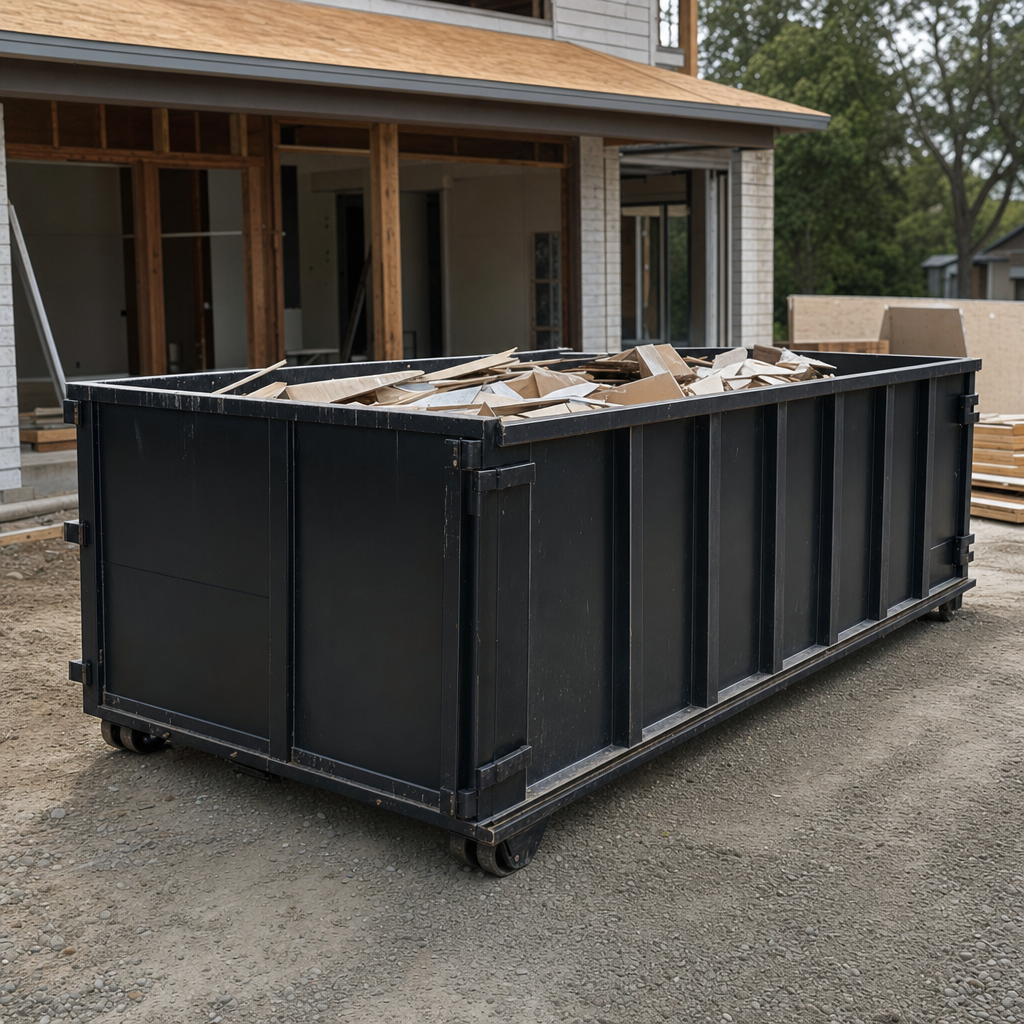 Large matte-black 30-yard construction roll-off dumpster at an active Sterling Heights jobsite, steel-gray top rails and bottom rollers visible, loaded with construction debris.