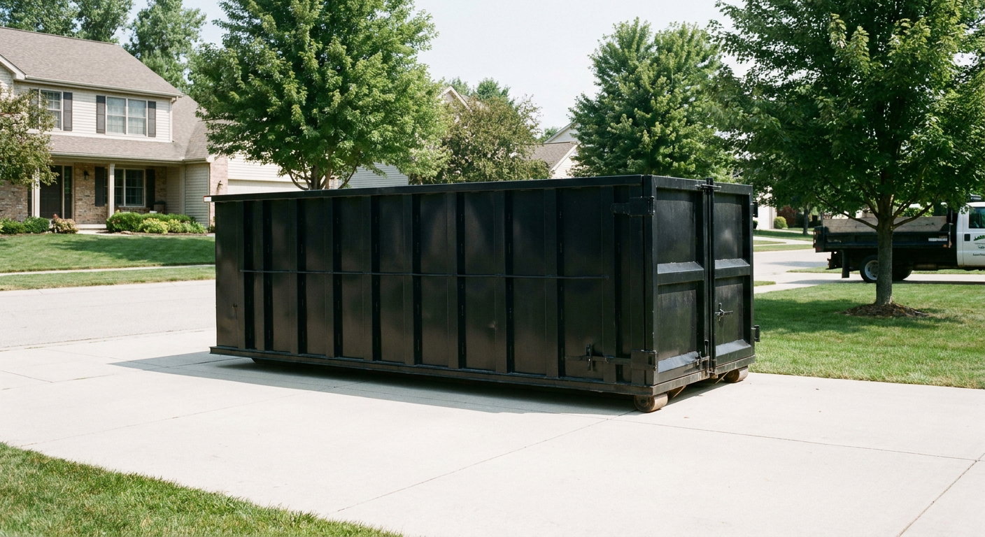 Matte-black 20-yard roll-off dumpster sitting level on a clean Sterling Heights residential concrete driveway under bright daylight, demonstrating clean placement directly on the concrete.