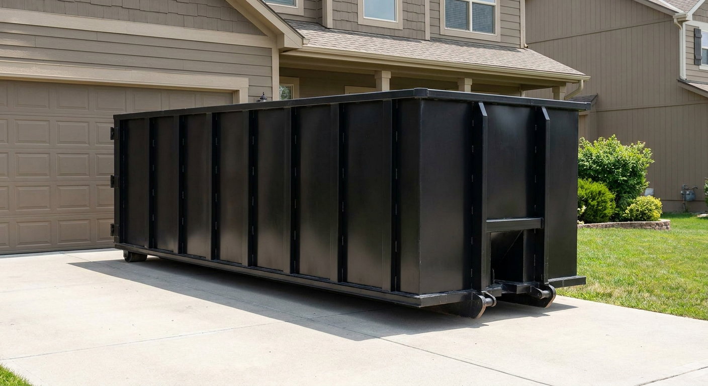 Matte-black residential roll-off dumpster sitting directly on a suburban Sterling Heights concrete driveway, garage door closed, single-family home in background, bright morning daylight.