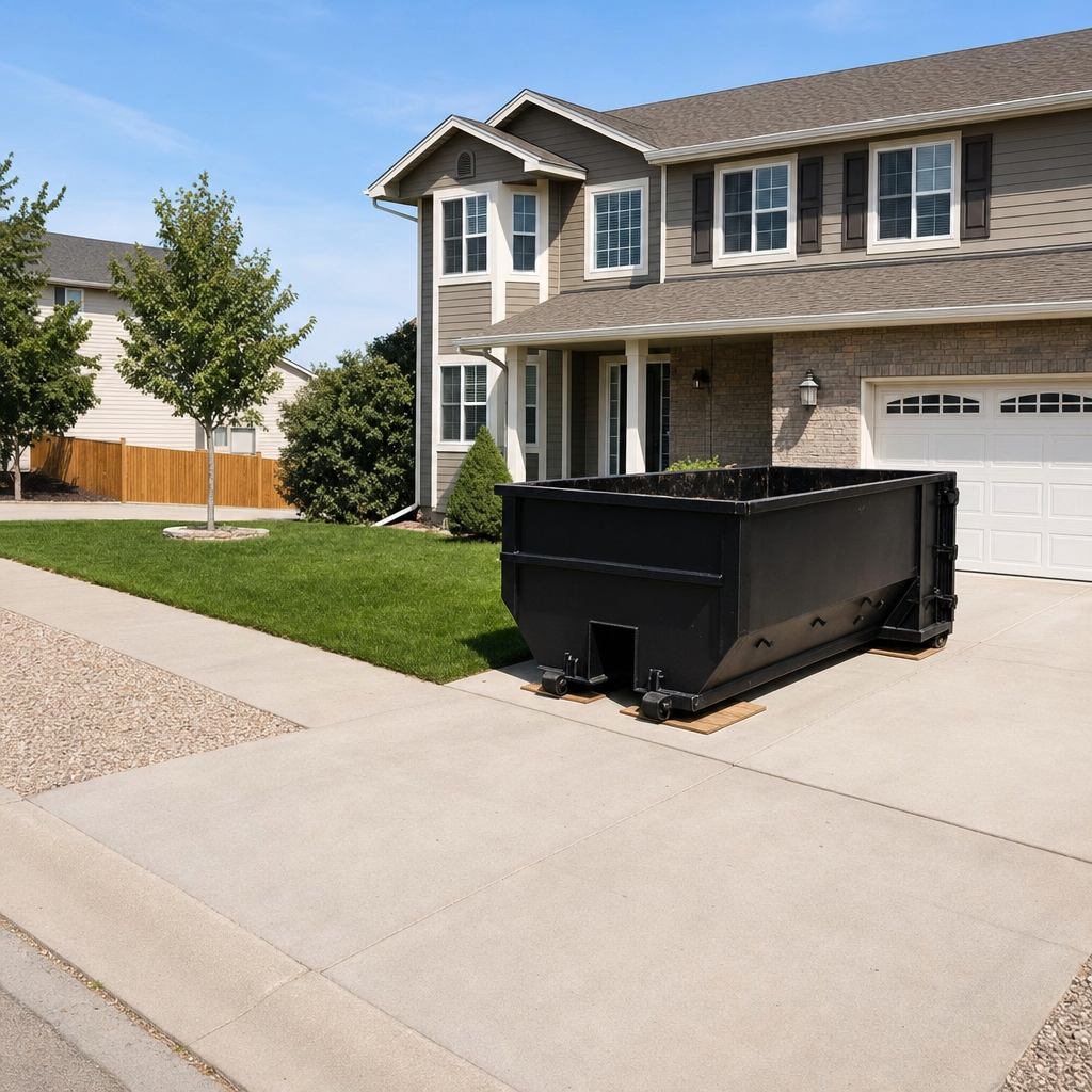 10-yard matte-black residential dumpster placed directly on a narrow Sterling Heights concrete driveway, room remains for a parked sedan beside it, mid-morning natural light