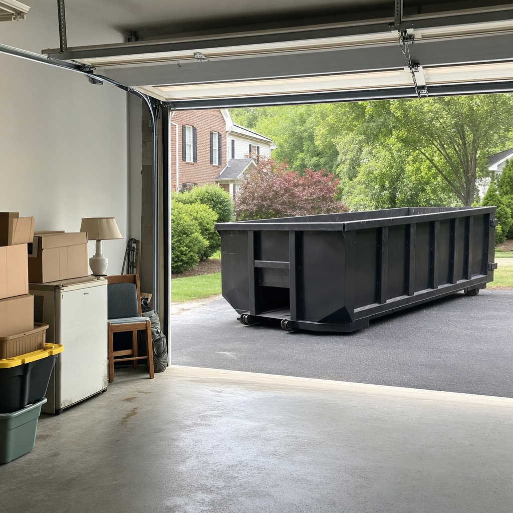 Open garage interior in a Sterling Heights home mid-cleanout — boxed items, an old appliance, and stacked yard tools queued near the driveway for a matte-black roll-off dumpster, organized and calm