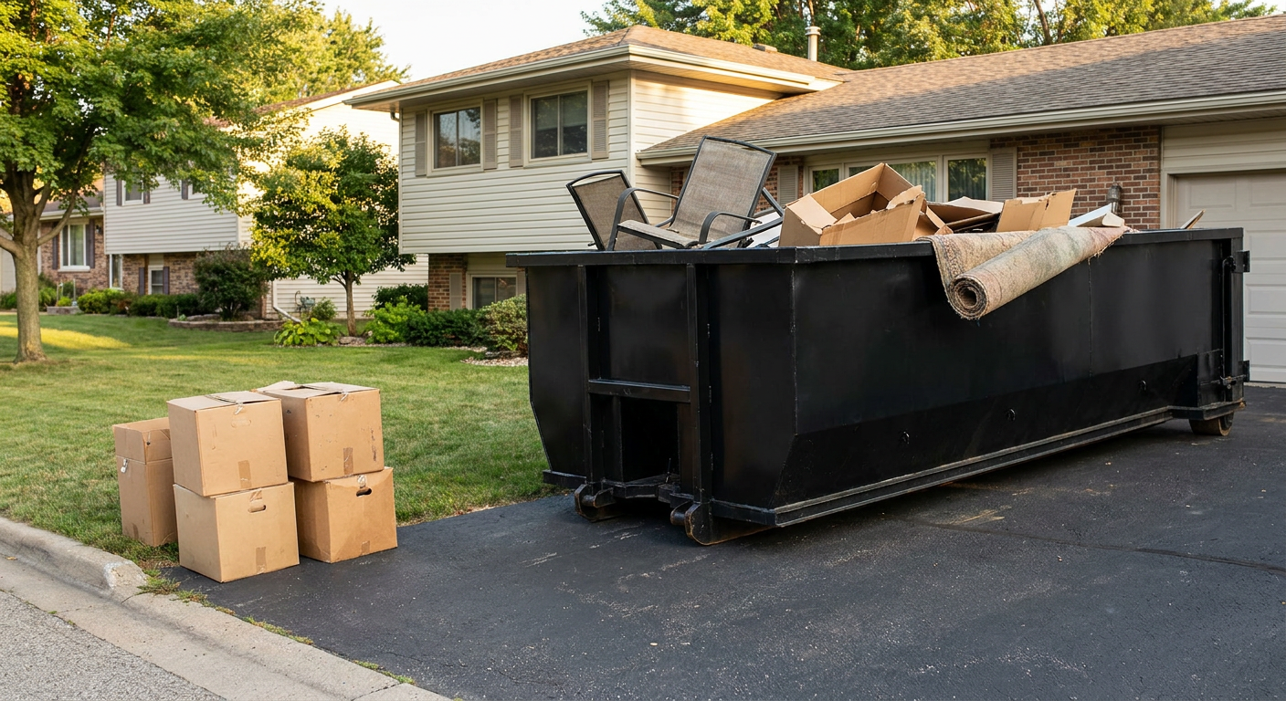 Front-yard view of a Sterling Heights split-level home with a 20-yard matte-black roll-off dumpster sitting directly on the asphalt driveway, a few clearly labeled donation boxes staged at the curb, calm sunny afternoon.