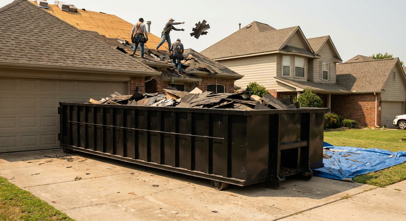 Matte-black roofing roll-off dumpster placed directly on a Sterling Heights residential concrete driveway, a tear-off crew on a two-story asphalt-shingle roof tossing shingle bundles into the low-walled container, bright daylight, documentary 35mm perspective.