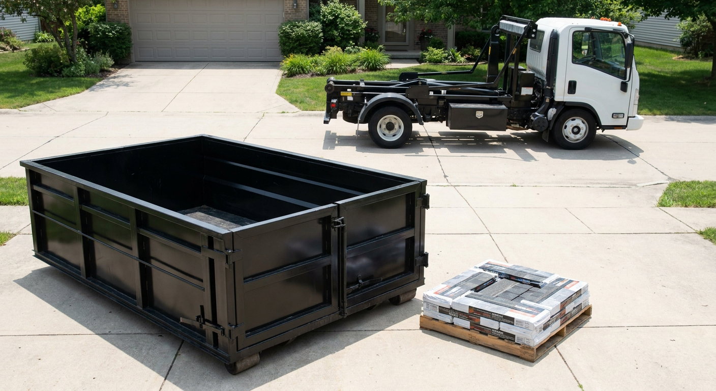 Matte-black 15-yard roofing roll-off dumpster with reinforced low side walls sitting directly on a Sterling Heights residential concrete driveway, three-tab asphalt shingle bundles stacked nearby, an unmarked white hauler truck partially visible at the edge of the frame.