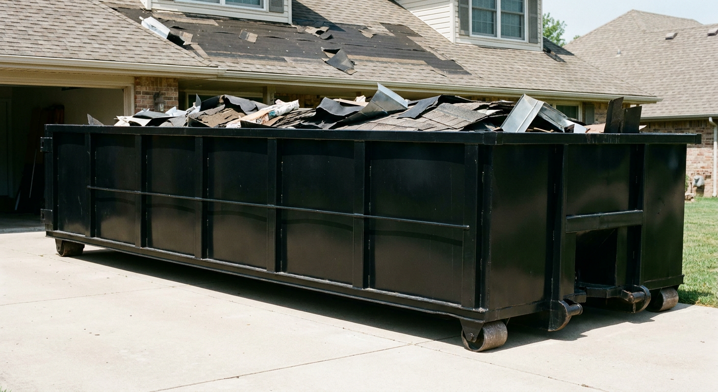 Matte-black 20-yard roofing roll-off dumpster with steel ribbed sides and swinging rear door, sitting directly on the concrete driveway of a two-story Sterling Heights home, asphalt shingle debris being loaded over the low wall, clean documentary lighting.