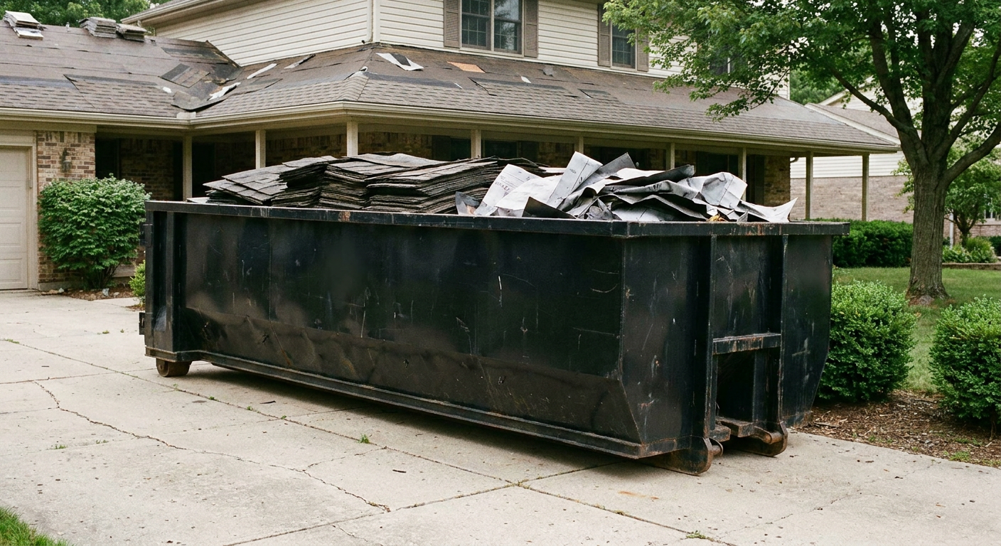 Matte-black 30-yard roofing roll-off dumpster sitting directly on a Sterling Heights concrete driveway, taller ribbed steel side panels, mixed tear-off debris of asphalt shingles and underlayment inside, professional documentary daylight.