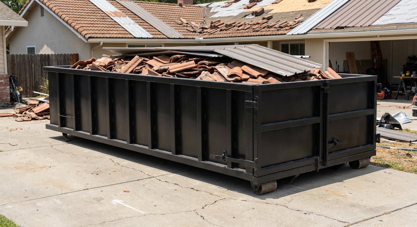 Matte-black low-wall heavy-debris roofing roll-off dumpster sitting directly on a Sterling Heights concrete driveway, broken concrete clay roof tiles and metal panel sections loaded inside, reinforced ribbed steel side walls visible, bright outdoor daylight.
