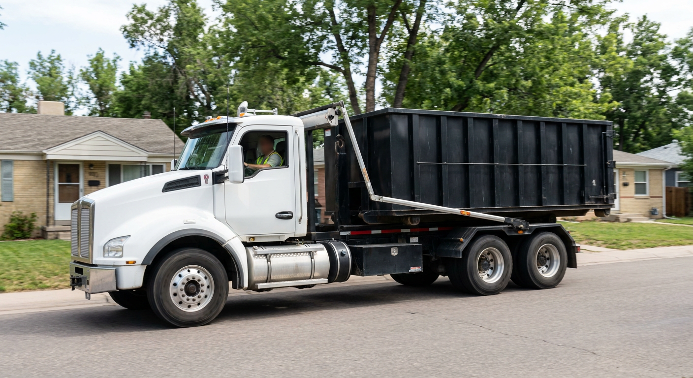 A wide documentary shot of a matte-black roll-off delivery truck pulling onto a quiet Sterling Heights residential street at mid-morning, with neighborhood rooftops and tree-lined blocks visible behind, showing the metro coverage footprint.