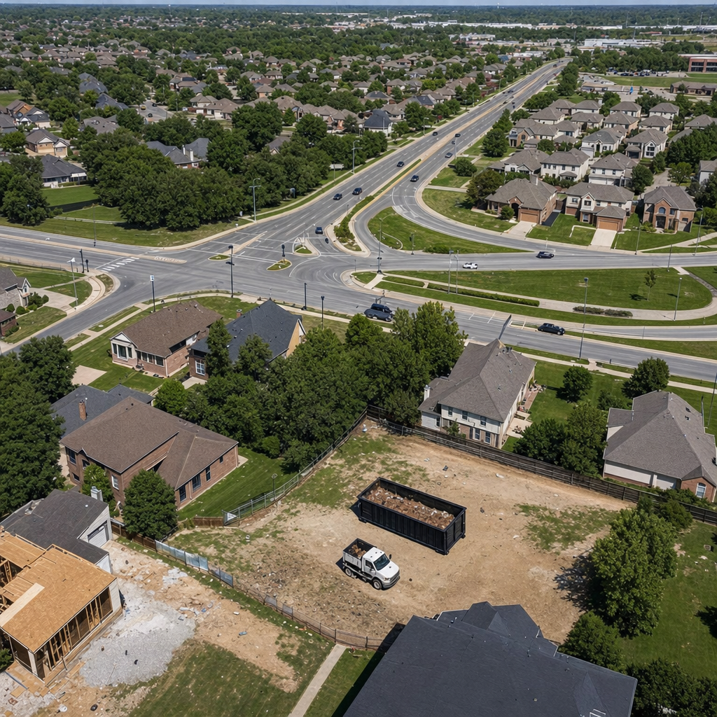 An overhead documentary view of the Sterling Heights metro area at midday, showing the spread of neighborhoods, arterial roads, and the dispatch radius from a central yard — clean daylight, organized geographic layout.