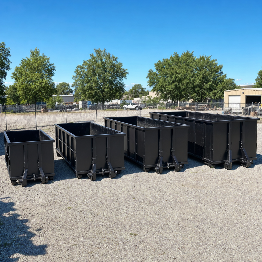 A clean lineup of matte-black roll-off dumpsters in 10, 20, 30, and 40-yard sizes staged on a sunlit gravel yard in Sterling Heights, showing the size progression from compact to commercial-scale containers.