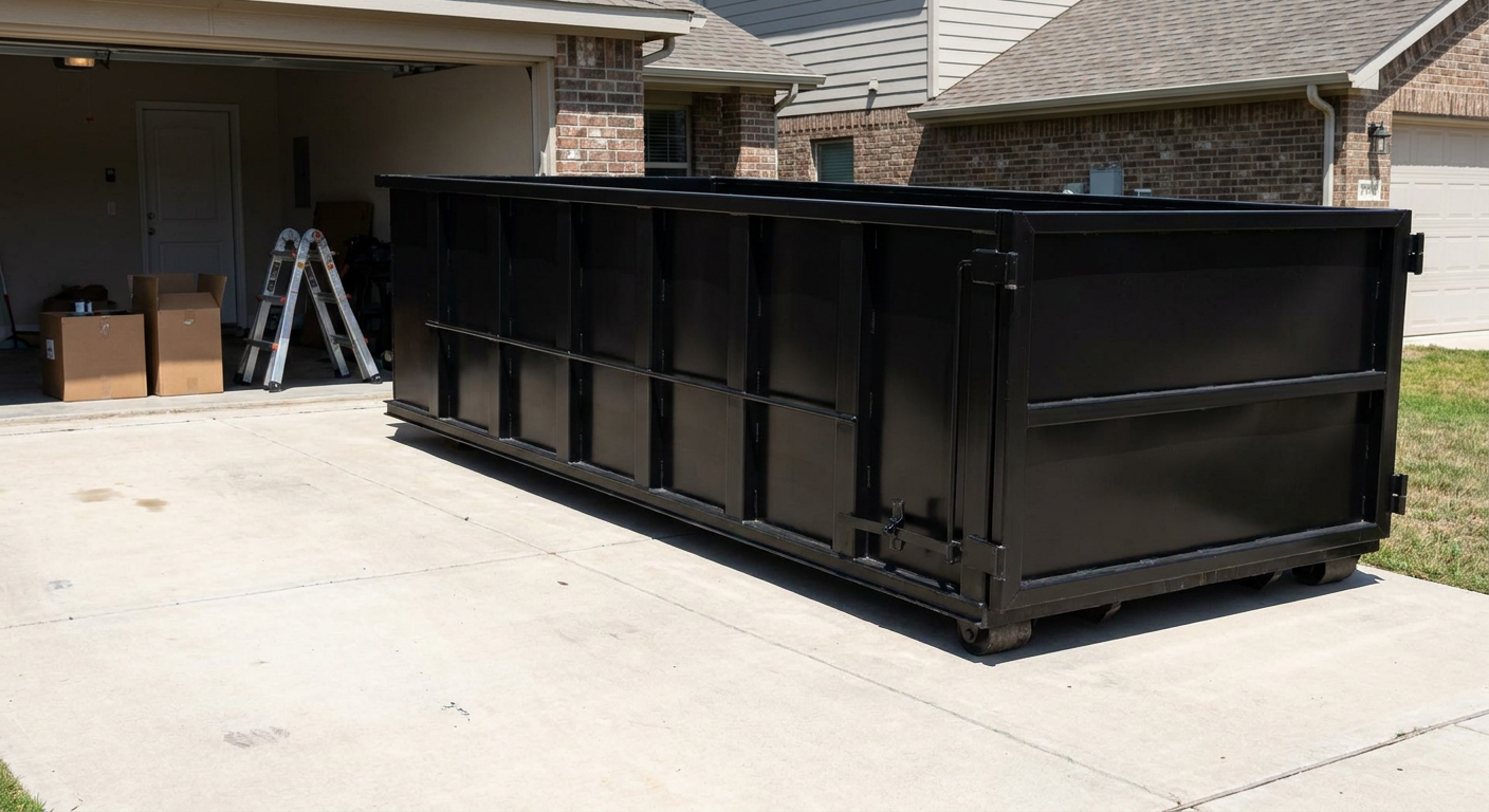 A matte-black 10-yard roll-off dumpster sitting directly on a residential Sterling Heights concrete driveway, mid-day sunlight, clean and ready for a garage cleanout.