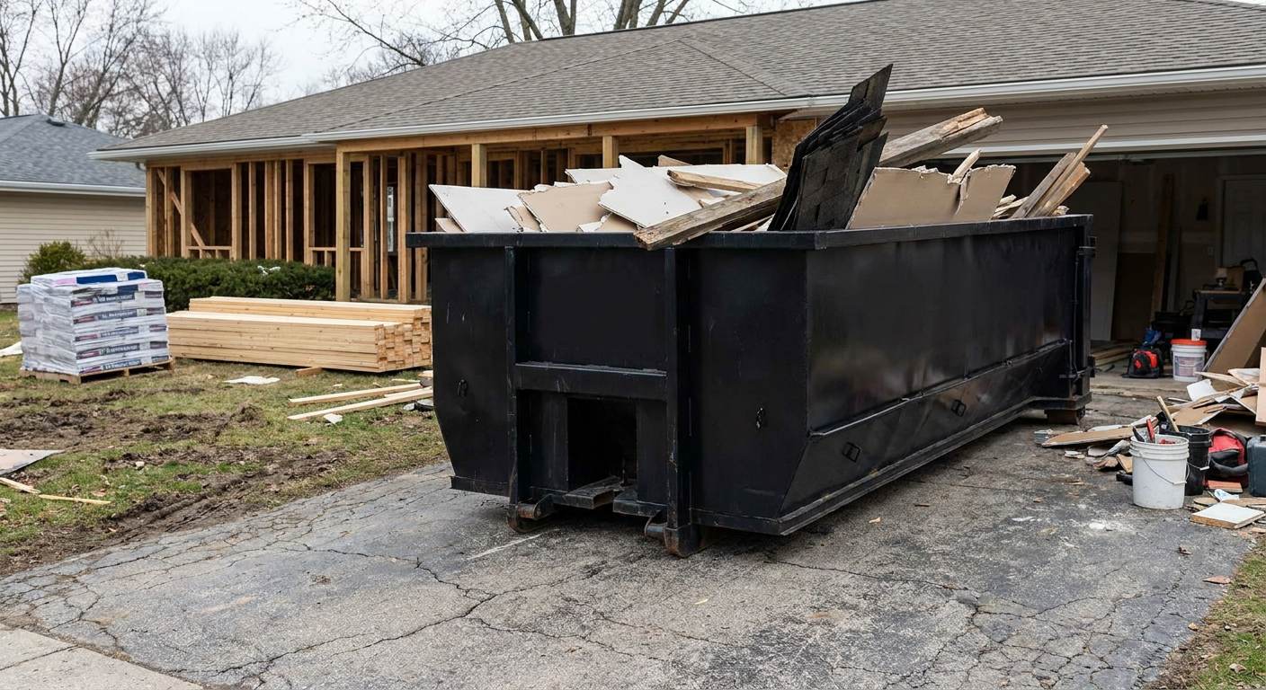 A matte-black 20-yard roll-off dumpster placed alongside a mid-renovation Sterling Heights home directly on the asphalt driveway, with framing materials and torn-off shingles staged neatly nearby.