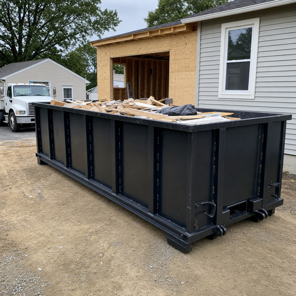 A matte-black 30-yard roll-off dumpster positioned at a Sterling Heights residential addition jobsite, with framing lumber and drywall scraps loaded through the open swinging rear doors.