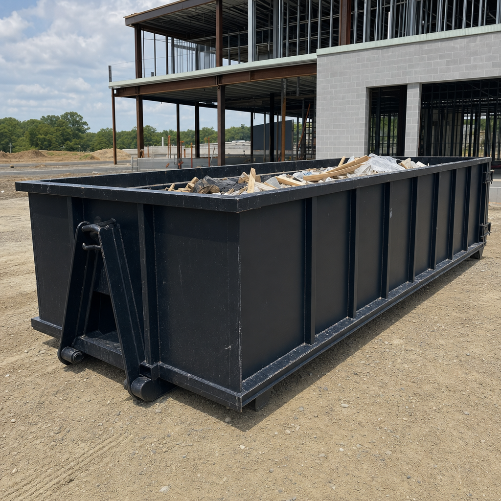 A matte-black 40-yard roll-off dumpster staged on a large Sterling Heights commercial construction lot, with a hooklift delivery truck parked alongside under bright midday sky.