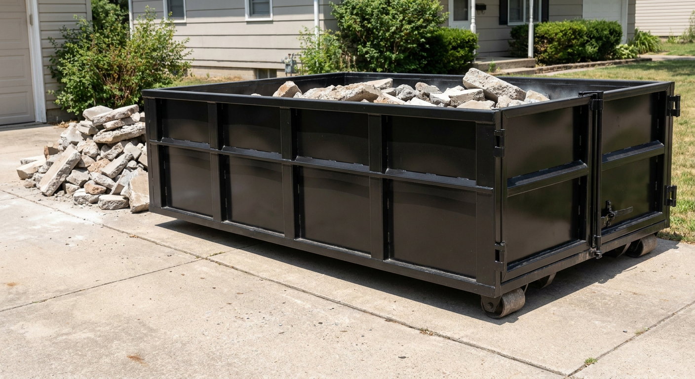 A matte-black low-side heavy-debris roll-off dumpster placed directly on a Sterling Heights concrete driveway, with broken concrete chunks neatly stacked beside it under clean daylight.